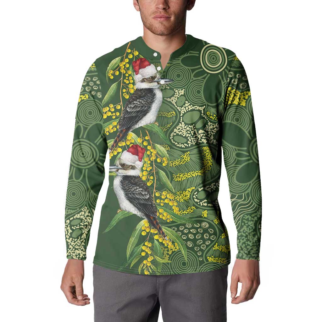 Aussie Kokaburra Golden Wattle Christmas Button Sweatshirt Aboriginal Dots Painting Green Motif - Aussie Hoodie
