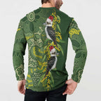 Aussie Kokaburra Golden Wattle Christmas Button Sweatshirt Aboriginal Dots Painting Green Motif - Aussie Hoodie