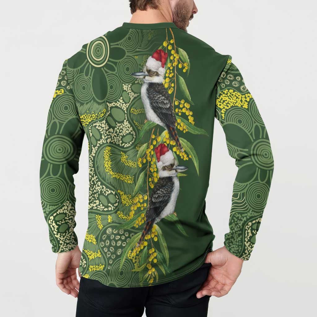 Aussie Kokaburra Golden Wattle Christmas Button Sweatshirt Aboriginal Dots Painting Green Motif - Aussie Hoodie
