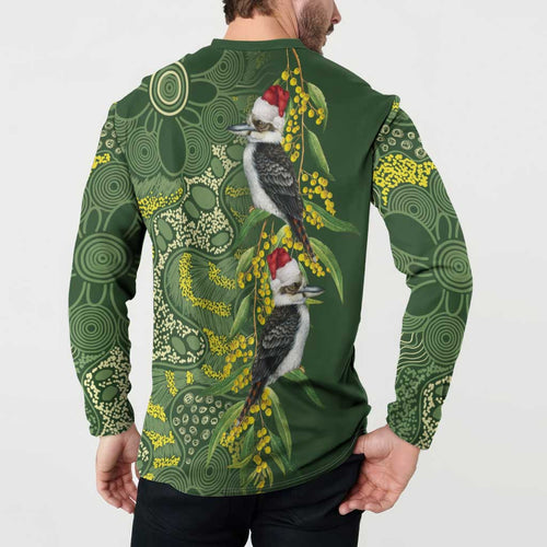 Aussie Kokaburra Golden Wattle Christmas Button Sweatshirt Aboriginal Dots Painting Green Motif - Aussie Hoodie