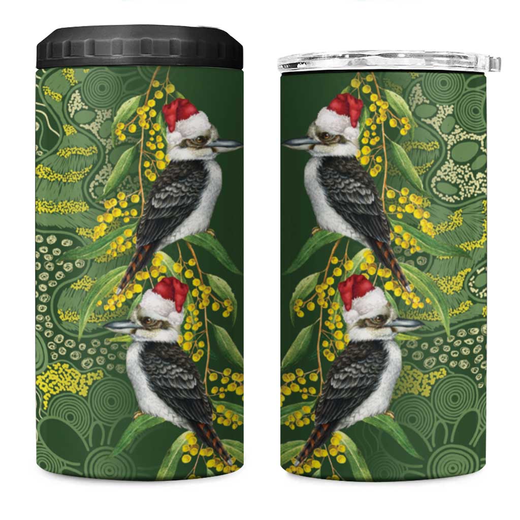 Aussie Kokaburra Golden Wattle Christmas 4 in 1 Can Cooler Tumbler Aboriginal Dots Painting Green Motif - Aussie Hoodie