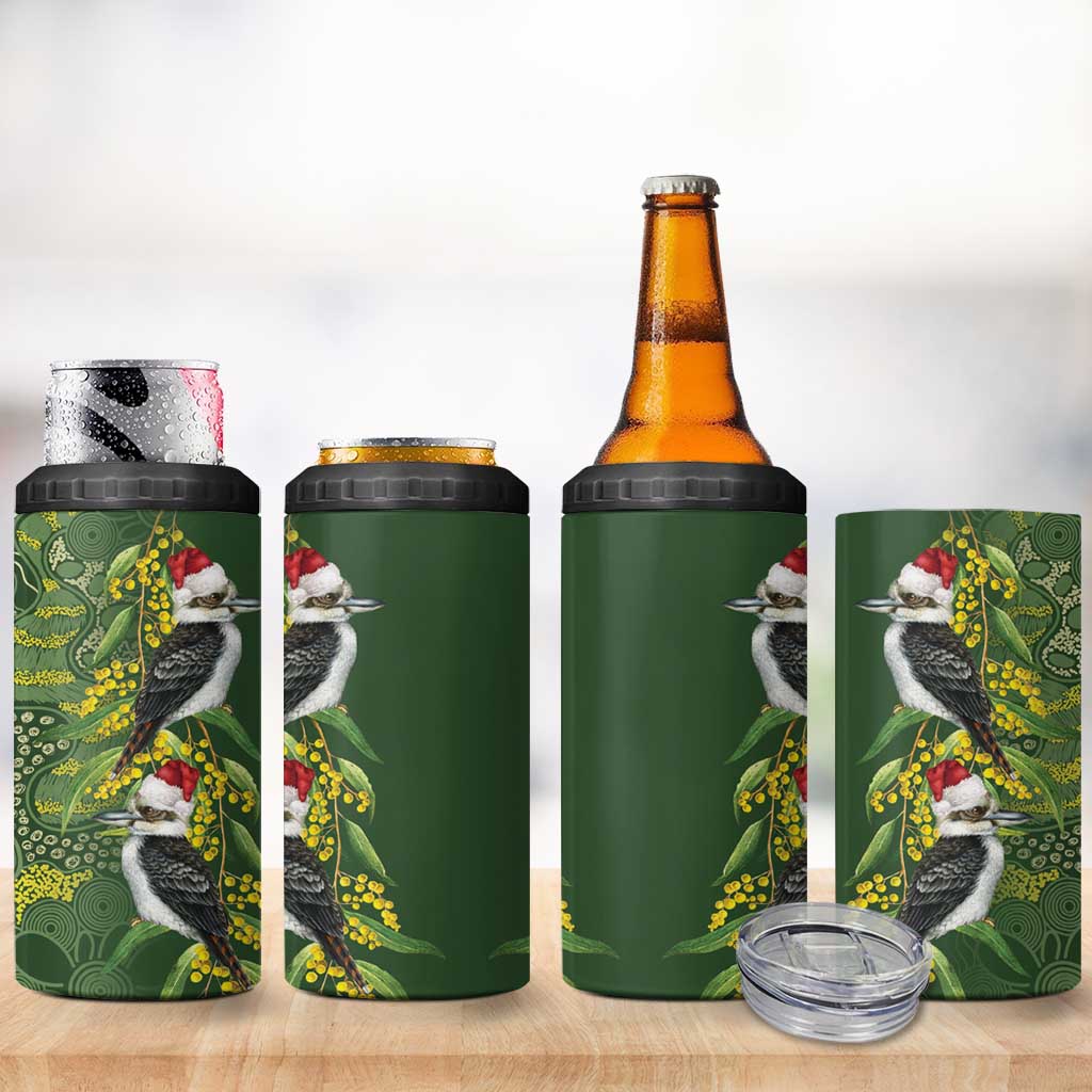Aussie Kokaburra Golden Wattle Christmas 4 in 1 Can Cooler Tumbler Aboriginal Dots Painting Green Motif - Aussie Hoodie