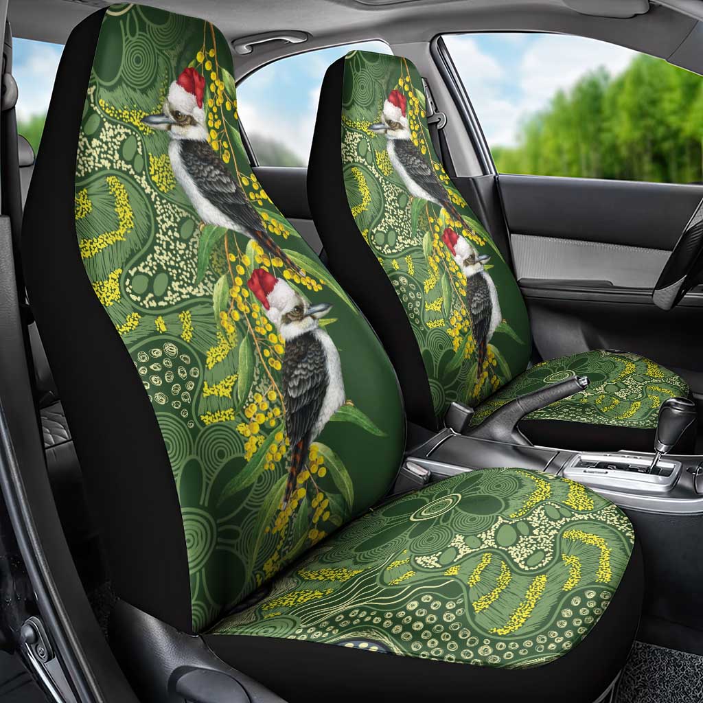 Aussie Kokaburra Golden Wattle Christmas Car Seat Cover Aboriginal Dots Painting Green Motif - Aussie Hoodie
