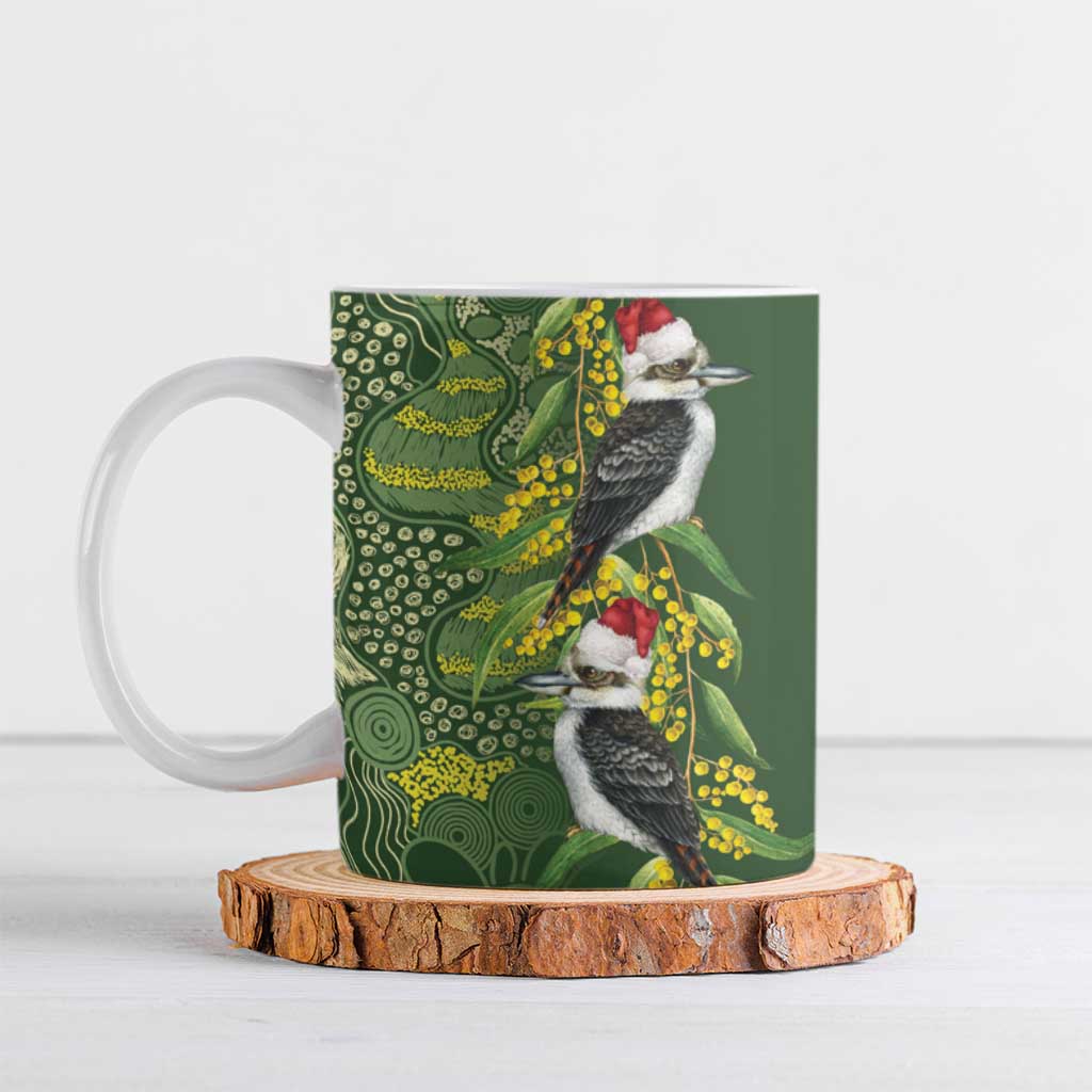 Aussie Kokaburra Golden Wattle Christmas Ceramic Mug Aboriginal Dots Painting Green Motif - Aussie Hoodie