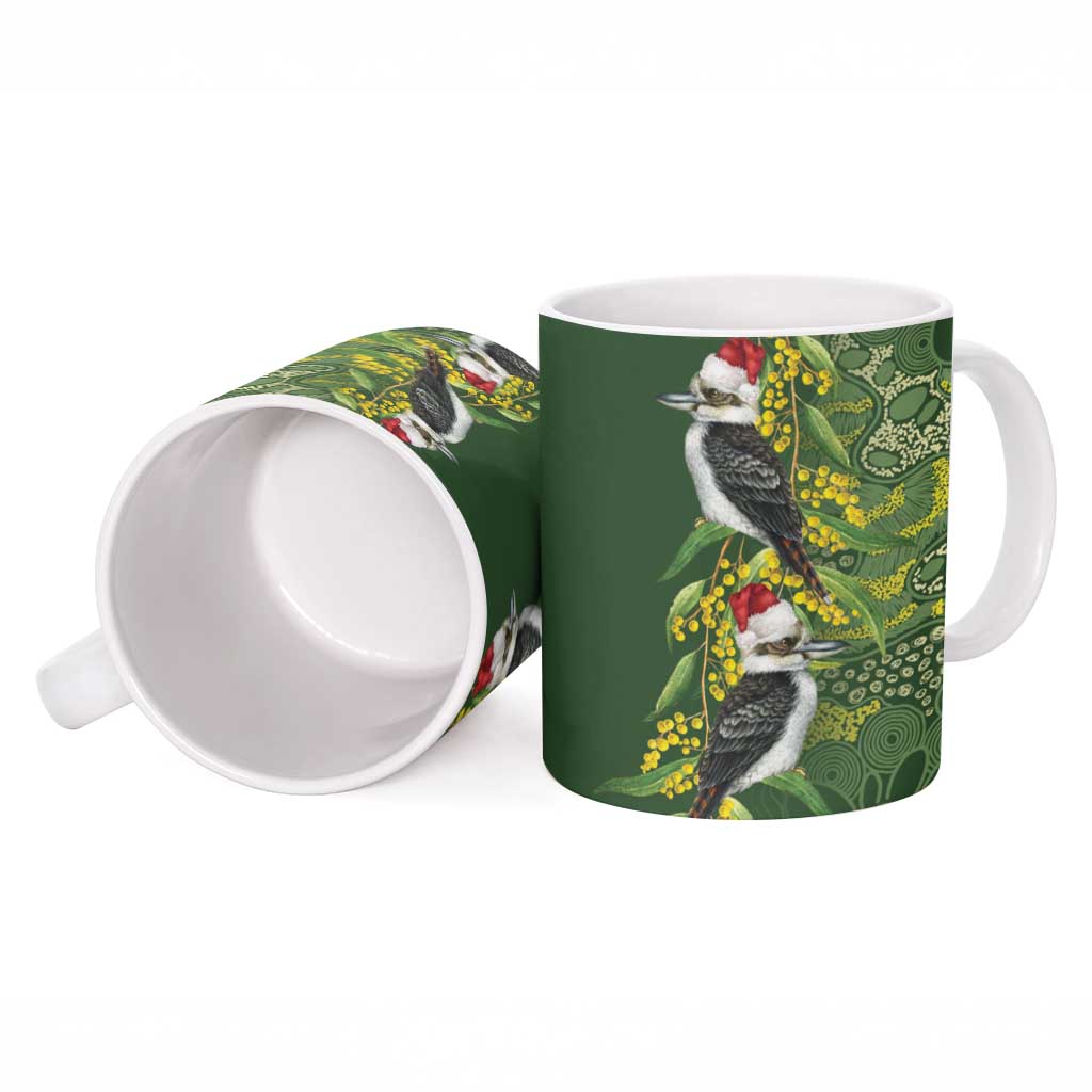 Aussie Kokaburra Golden Wattle Christmas Ceramic Mug Aboriginal Dots Painting Green Motif - Aussie Hoodie
