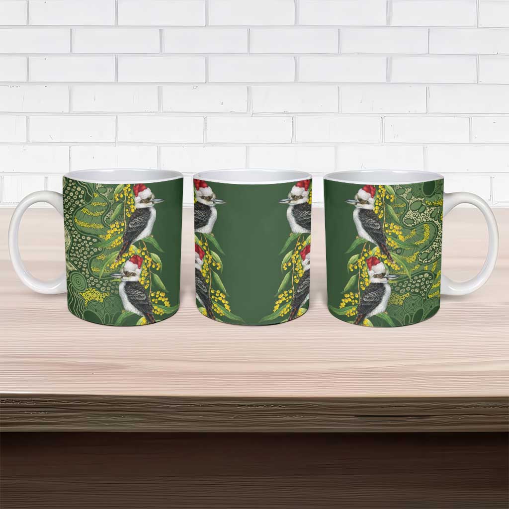 Aussie Kokaburra Golden Wattle Christmas Ceramic Mug Aboriginal Dots Painting Green Motif - Aussie Hoodie