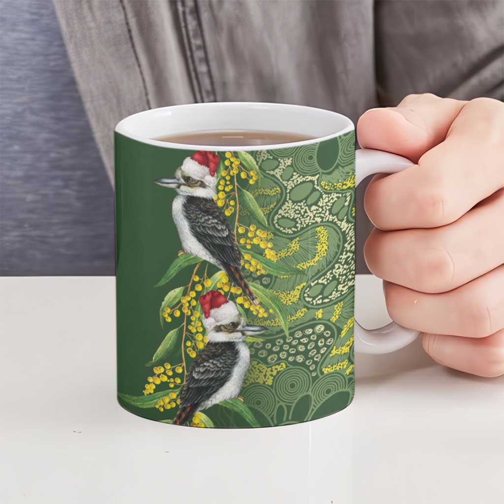 Aussie Kokaburra Golden Wattle Christmas Ceramic Mug Aboriginal Dots Painting Green Motif - Aussie Hoodie