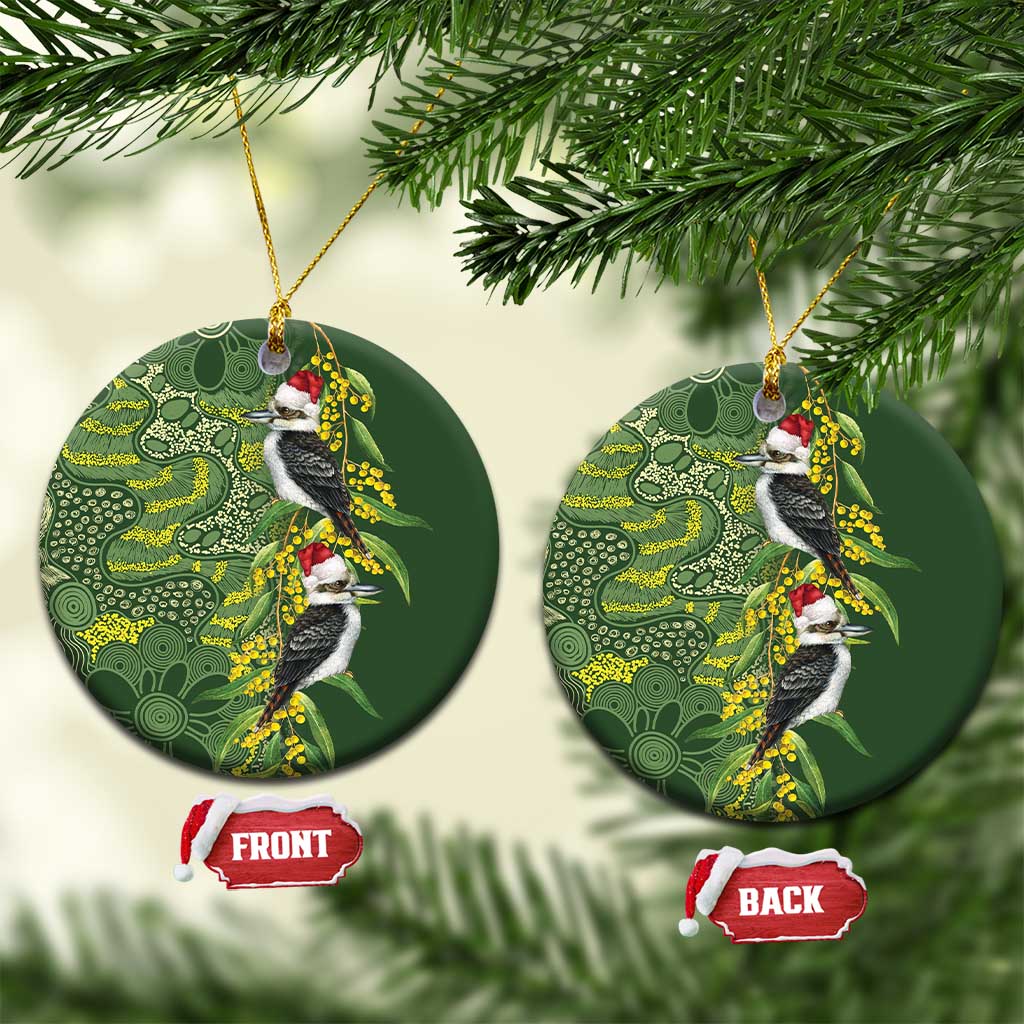 Aussie Kokaburra Golden Wattle Christmas Ceramic Ornament Aboriginal Dots Painting Green Motif - Aussie Hoodie