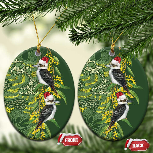 Aussie Kokaburra Golden Wattle Christmas Ceramic Ornament Aboriginal Dots Painting Green Motif - Aussie Hoodie