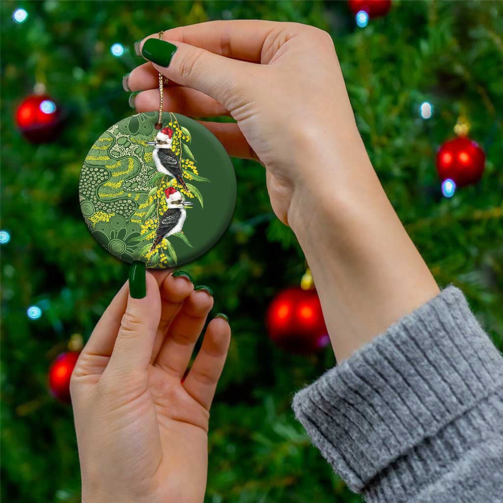 Aussie Kokaburra Golden Wattle Christmas Ceramic Ornament Aboriginal Dots Painting Green Motif - Aussie Hoodie