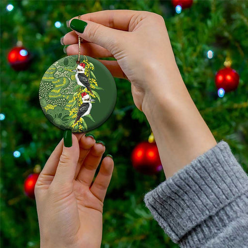 Aussie Kokaburra Golden Wattle Christmas Ceramic Ornament Aboriginal Dots Painting Green Motif - Aussie Hoodie