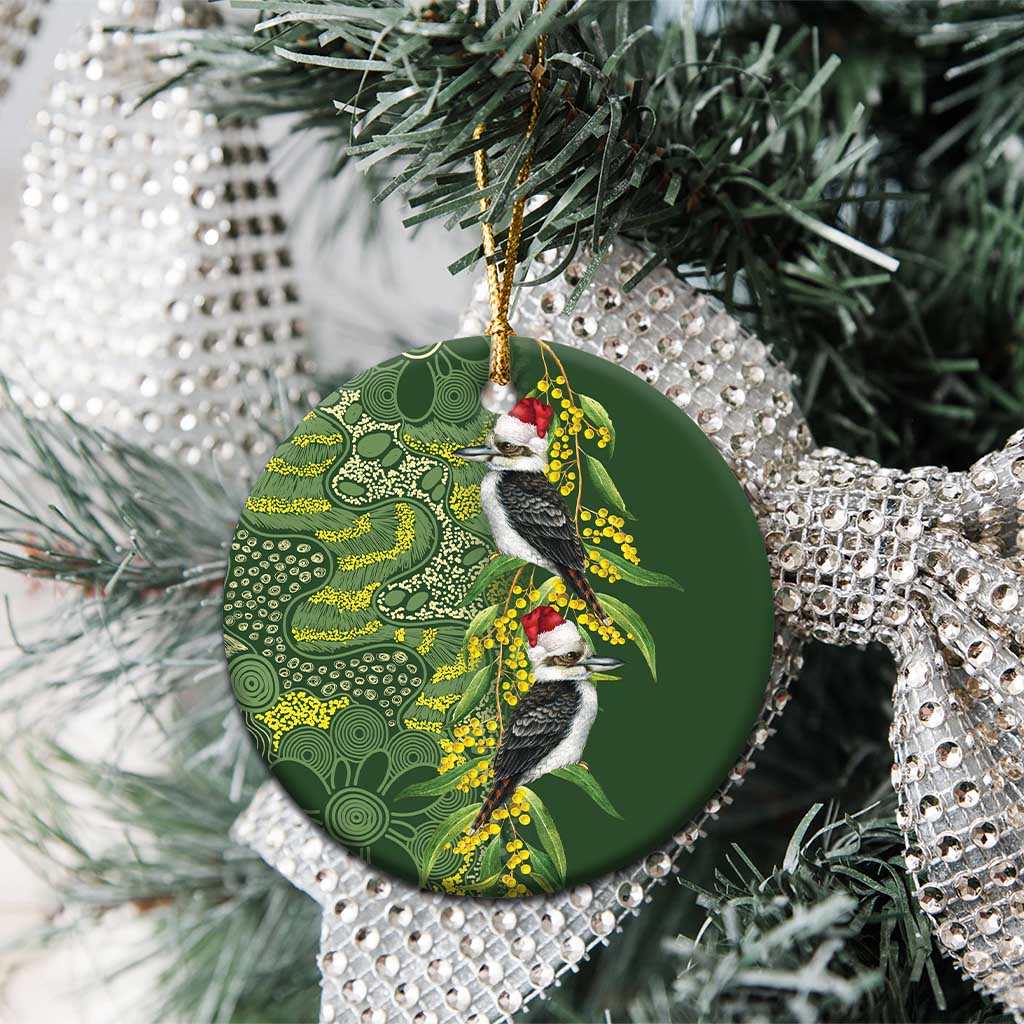 Aussie Kokaburra Golden Wattle Christmas Ceramic Ornament Aboriginal Dots Painting Green Motif - Aussie Hoodie