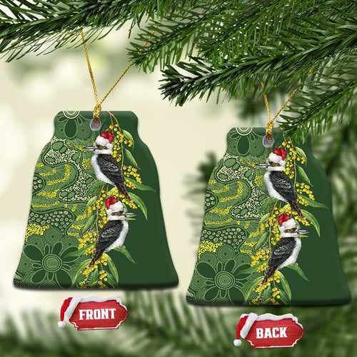 Aussie Kokaburra Golden Wattle Christmas Ceramic Ornament Aboriginal Dots Painting Green Motif - Aussie Hoodie