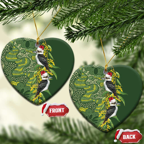 Aussie Kokaburra Golden Wattle Christmas Ceramic Ornament Aboriginal Dots Painting Green Motif - Aussie Hoodie