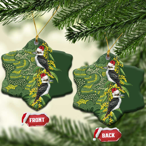 Aussie Kokaburra Golden Wattle Christmas Ceramic Ornament Aboriginal Dots Painting Green Motif - Aussie Hoodie