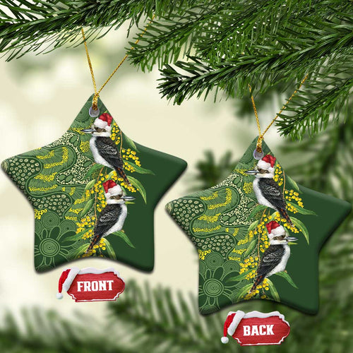 Aussie Kokaburra Golden Wattle Christmas Ceramic Ornament Aboriginal Dots Painting Green Motif - Aussie Hoodie