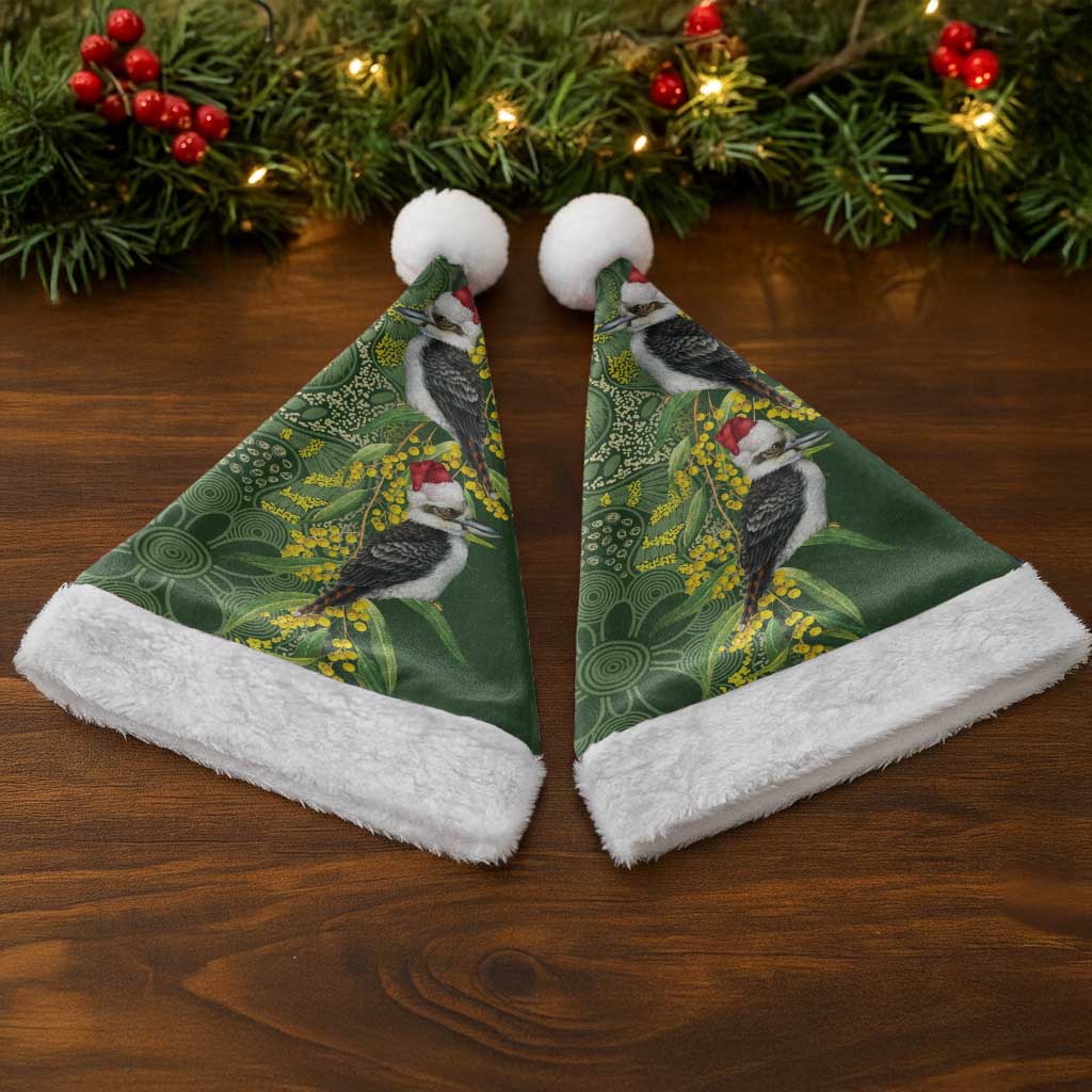 Aussie Kokaburra Golden Wattle Christmas Santa Hat Aboriginal Dots Painting Green Motif - Aussie Hoodie