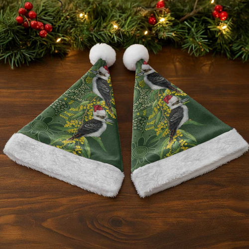 Aussie Kokaburra Golden Wattle Christmas Santa Hat Aboriginal Dots Painting Green Motif - Aussie Hoodie