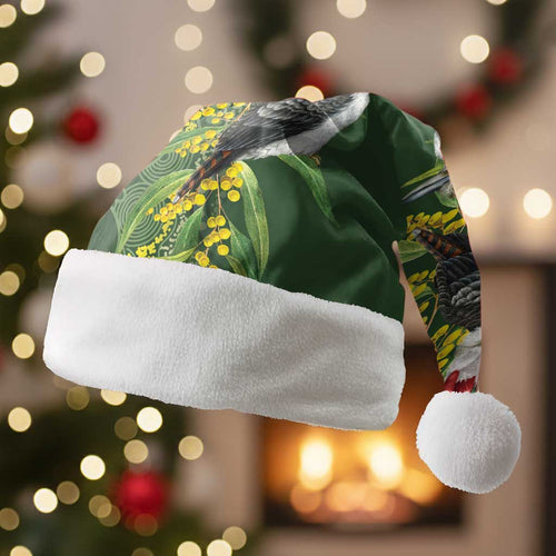 Aussie Kokaburra Golden Wattle Christmas Santa Hat Aboriginal Dots Painting Green Motif - Aussie Hoodie