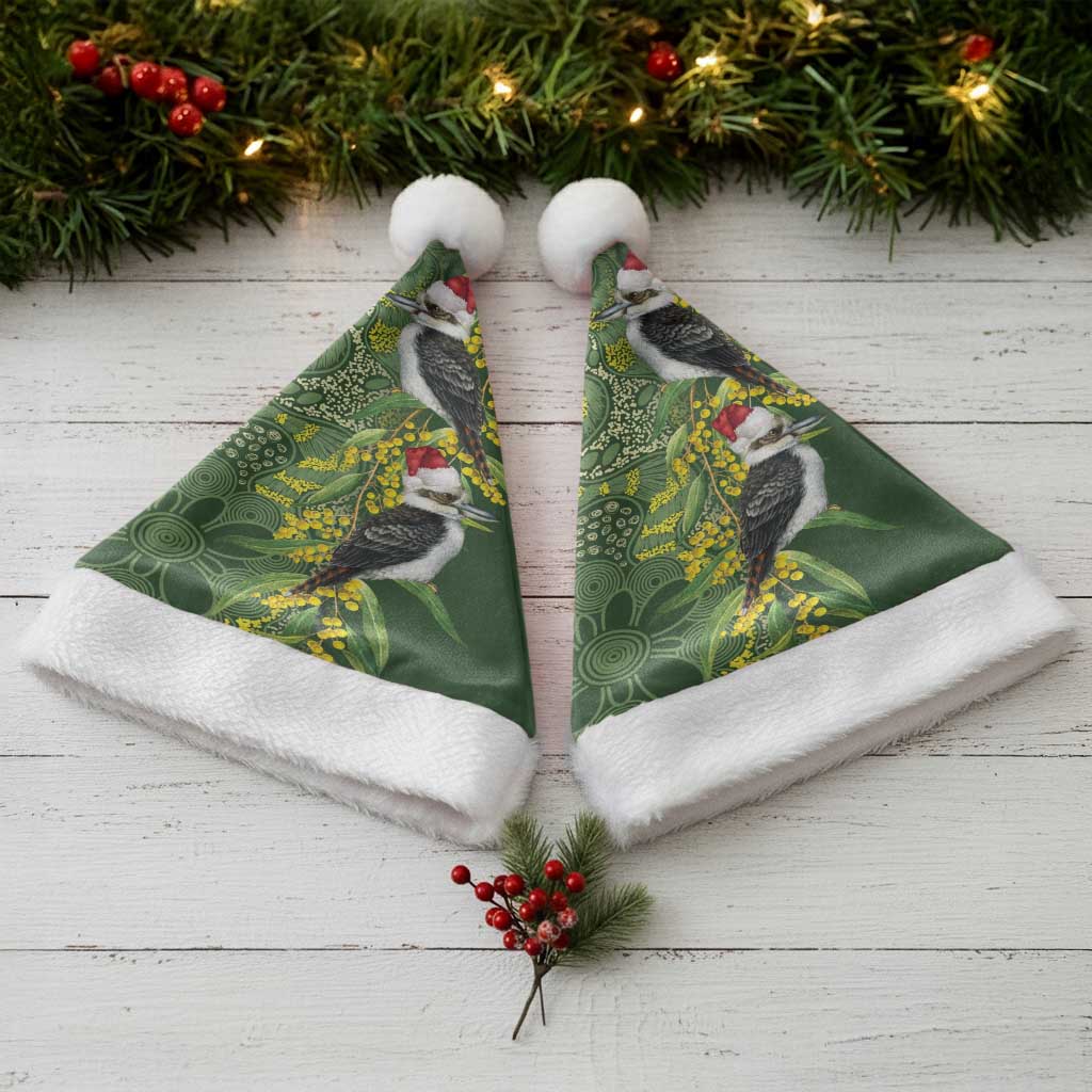 Aussie Kokaburra Golden Wattle Christmas Santa Hat Aboriginal Dots Painting Green Motif - Aussie Hoodie