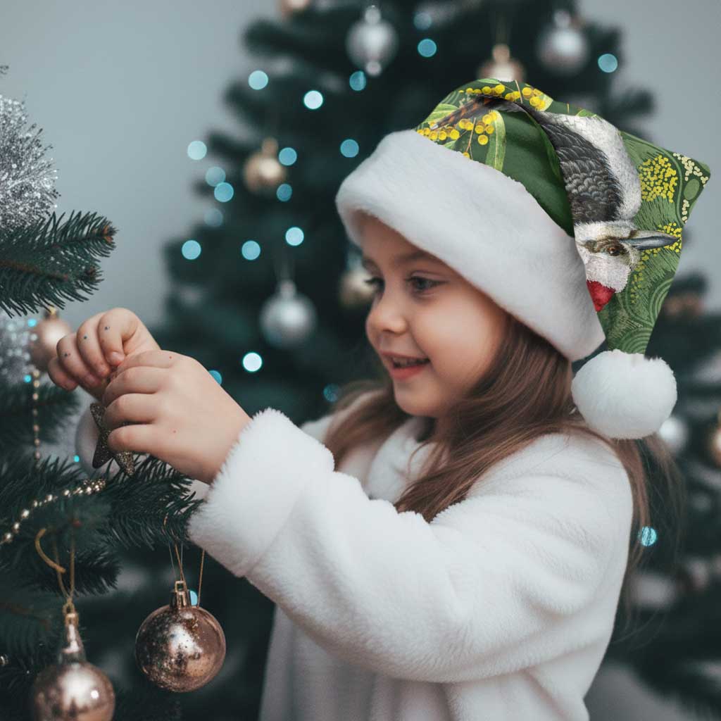 Aussie Kokaburra Golden Wattle Christmas Santa Hat Aboriginal Dots Painting Green Motif - Aussie Hoodie