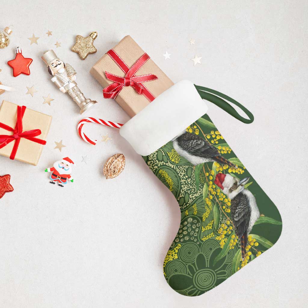 Aussie Kokaburra Golden Wattle Christmas Stocking Aboriginal Dots Painting Green Motif - Aussie Hoodie