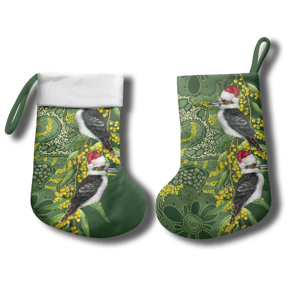 Aussie Kokaburra Golden Wattle Christmas Stocking Aboriginal Dots Painting Green Motif - Aussie Hoodie