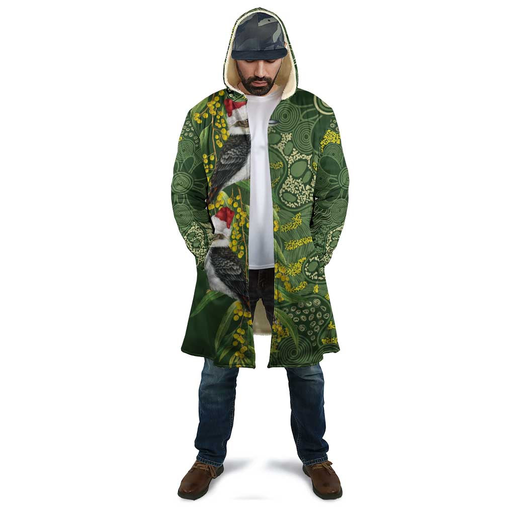Aussie Kokaburra Golden Wattle Christmas Cloak Aboriginal Dots Painting Green Motif - Aussie Hoodie