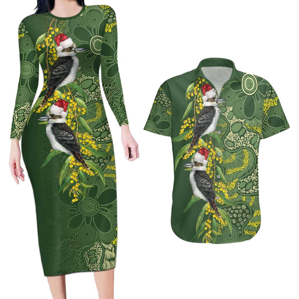 Aussie Kokaburra Golden Wattle Christmas Couples Matching Long Sleeve Bodycon Dress and Hawaiian Shirt Aboriginal Dots Painting Green Motif - Aussie Hoodie