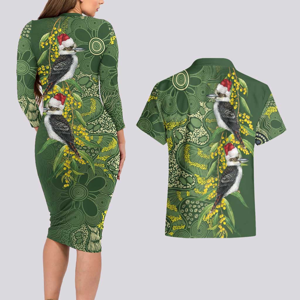 Aussie Kokaburra Golden Wattle Christmas Couples Matching Long Sleeve Bodycon Dress and Hawaiian Shirt Aboriginal Dots Painting Green Motif - Aussie Hoodie
