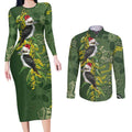 Aussie Kokaburra Golden Wattle Christmas Couples Matching Long Sleeve Bodycon Dress and Long Sleeve Button Shirt Aboriginal Dots Painting Green Motif - Aussie Hoodie