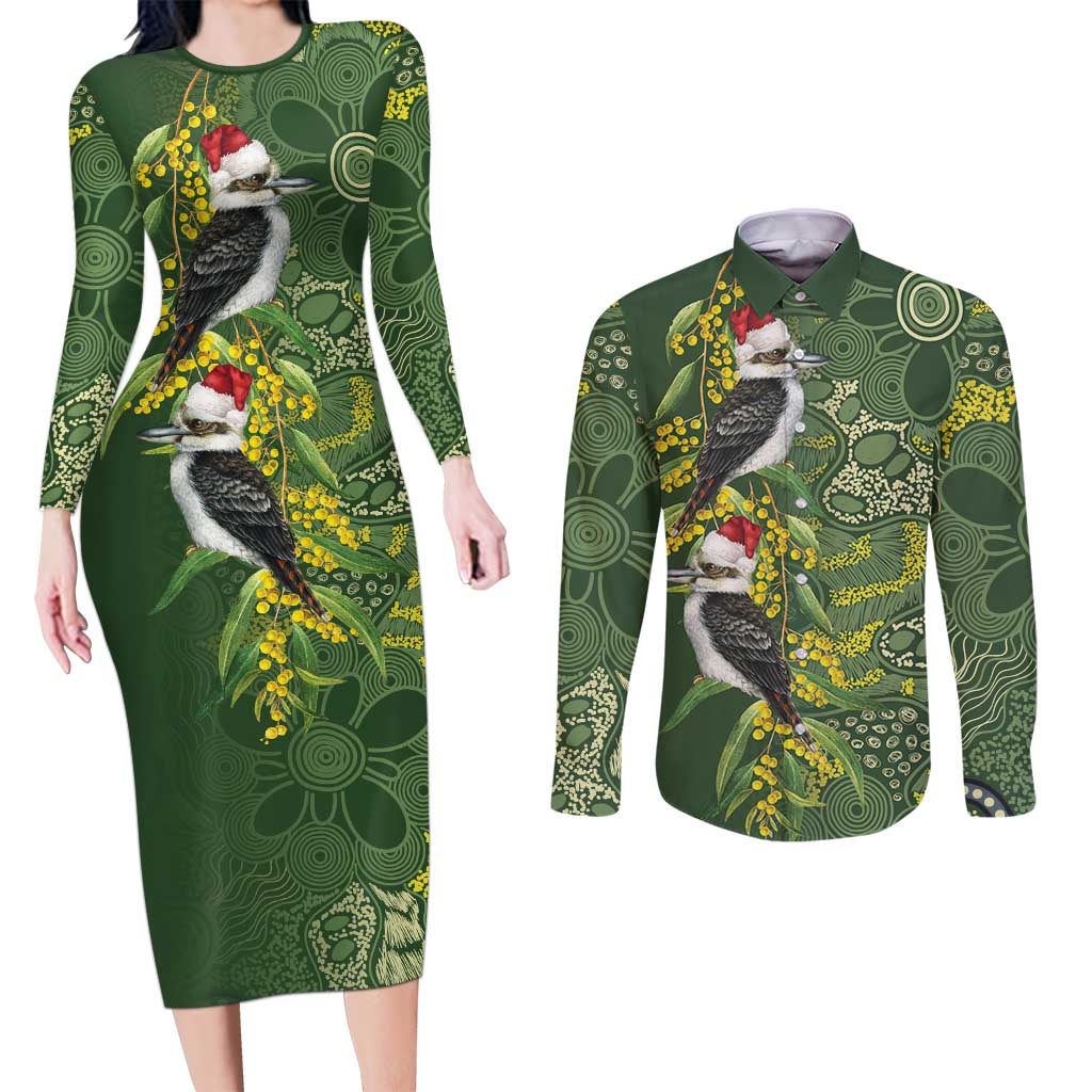 Aussie Kokaburra Golden Wattle Christmas Couples Matching Long Sleeve Bodycon Dress and Long Sleeve Button Shirt Aboriginal Dots Painting Green Motif - Aussie Hoodie