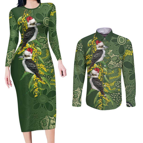 Aussie Kokaburra Golden Wattle Christmas Couples Matching Long Sleeve Bodycon Dress and Long Sleeve Button Shirt Aboriginal Dots Painting Green Motif - Aussie Hoodie