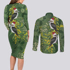 Aussie Kokaburra Golden Wattle Christmas Couples Matching Long Sleeve Bodycon Dress and Long Sleeve Button Shirt Aboriginal Dots Painting Green Motif - Aussie Hoodie
