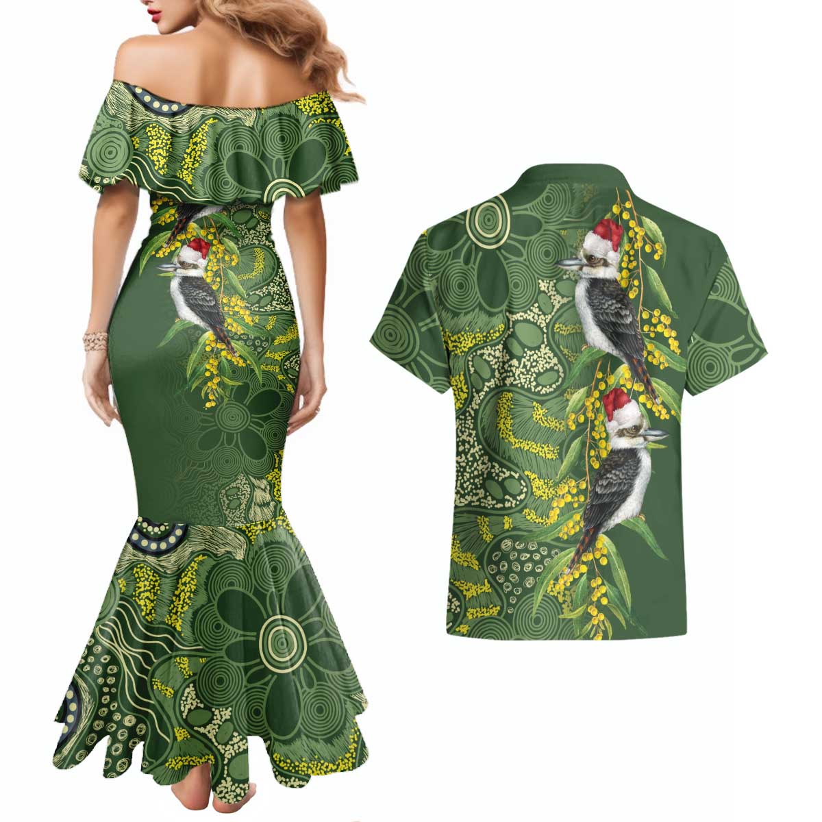 Aussie Kokaburra Golden Wattle Christmas Couples Matching Mermaid Dress and Hawaiian Shirt Aboriginal Dots Painting Green Motif - Aussie Hoodie
