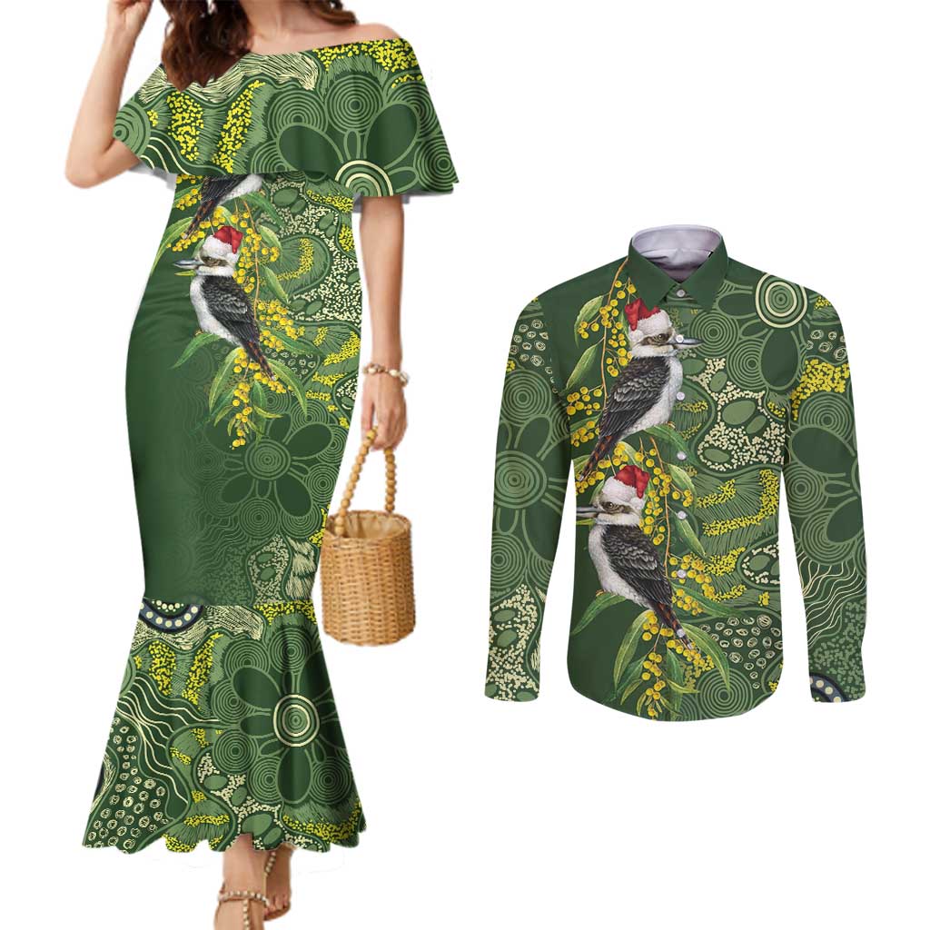 Aussie Kokaburra Golden Wattle Christmas Couples Matching Mermaid Dress and Long Sleeve Button Shirt Aboriginal Dots Painting Green Motif - Aussie Hoodie