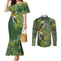 Aussie Kokaburra Golden Wattle Christmas Couples Matching Mermaid Dress and Long Sleeve Button Shirt Aboriginal Dots Painting Green Motif - Aussie Hoodie