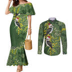 Aussie Kokaburra Golden Wattle Christmas Couples Matching Mermaid Dress and Long Sleeve Button Shirt Aboriginal Dots Painting Green Motif - Aussie Hoodie