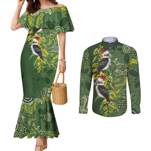 Aussie Kokaburra Golden Wattle Christmas Couples Matching Mermaid Dress and Long Sleeve Button Shirt Aboriginal Dots Painting Green Motif - Aussie Hoodie