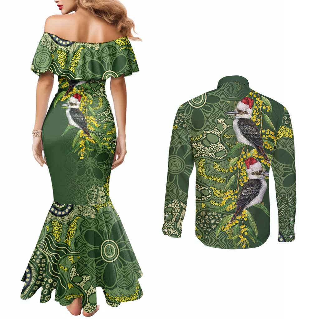 Aussie Kokaburra Golden Wattle Christmas Couples Matching Mermaid Dress and Long Sleeve Button Shirt Aboriginal Dots Painting Green Motif - Aussie Hoodie