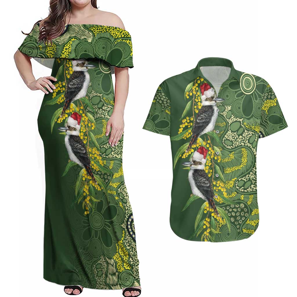 Aussie Kokaburra Golden Wattle Christmas Couples Matching Off Shoulder Maxi Dress and Hawaiian Shirt Aboriginal Dots Painting Green Motif - Aussie Hoodie