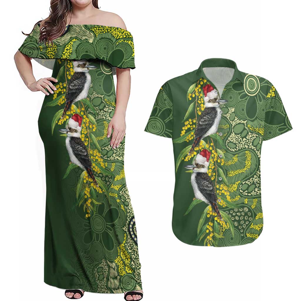 Aussie Kokaburra Golden Wattle Christmas Couples Matching Off Shoulder Maxi Dress and Hawaiian Shirt Aboriginal Dots Painting Green Motif - Aussie Hoodie