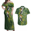 Aussie Kokaburra Golden Wattle Christmas Couples Matching Off Shoulder Maxi Dress and Hawaiian Shirt Aboriginal Dots Painting Green Motif - Aussie Hoodie