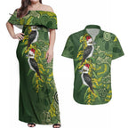 Aussie Kokaburra Golden Wattle Christmas Couples Matching Off Shoulder Maxi Dress and Hawaiian Shirt Aboriginal Dots Painting Green Motif - Aussie Hoodie