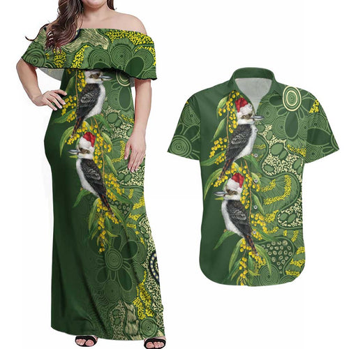 Aussie Kokaburra Golden Wattle Christmas Couples Matching Off Shoulder Maxi Dress and Hawaiian Shirt Aboriginal Dots Painting Green Motif - Aussie Hoodie