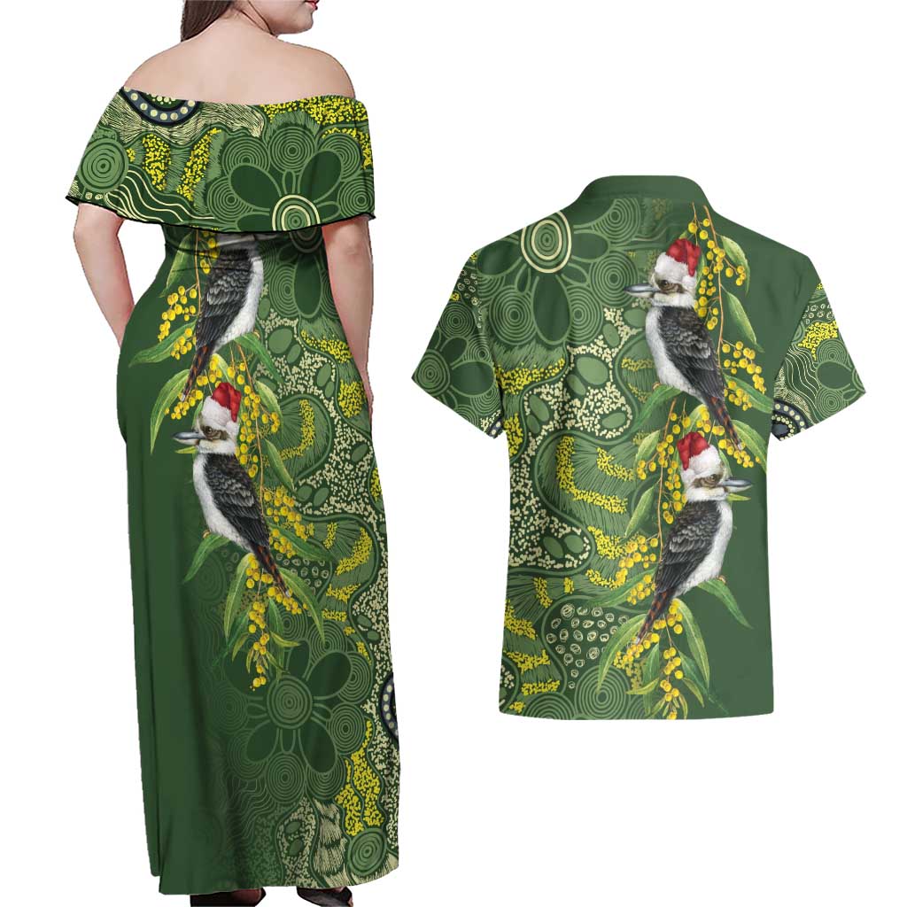 Aussie Kokaburra Golden Wattle Christmas Couples Matching Off Shoulder Maxi Dress and Hawaiian Shirt Aboriginal Dots Painting Green Motif - Aussie Hoodie