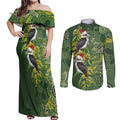 Aussie Kokaburra Golden Wattle Christmas Couples Matching Off Shoulder Maxi Dress and Long Sleeve Button Shirt Aboriginal Dots Painting Green Motif - Aussie Hoodie