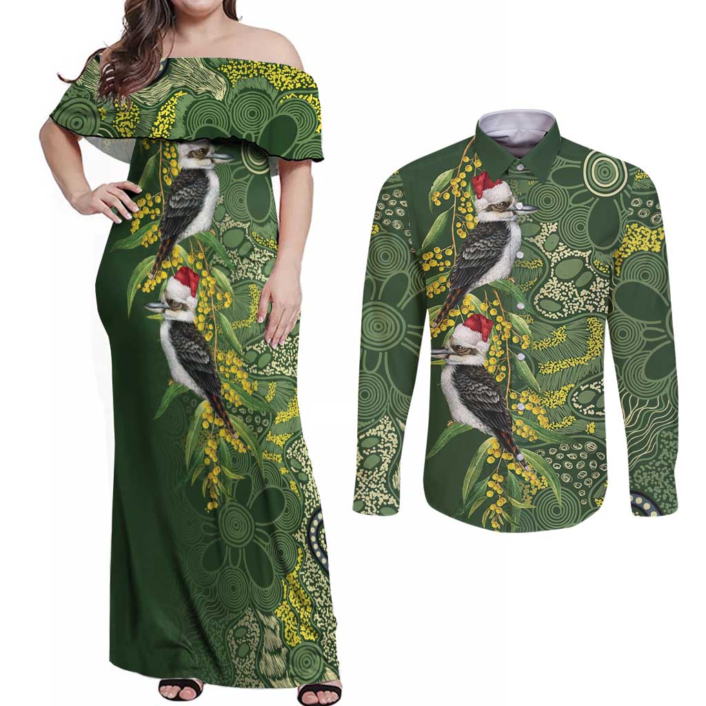 Aussie Kokaburra Golden Wattle Christmas Couples Matching Off Shoulder Maxi Dress and Long Sleeve Button Shirt Aboriginal Dots Painting Green Motif - Aussie Hoodie