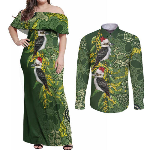 Aussie Kokaburra Golden Wattle Christmas Couples Matching Off Shoulder Maxi Dress and Long Sleeve Button Shirt Aboriginal Dots Painting Green Motif - Aussie Hoodie