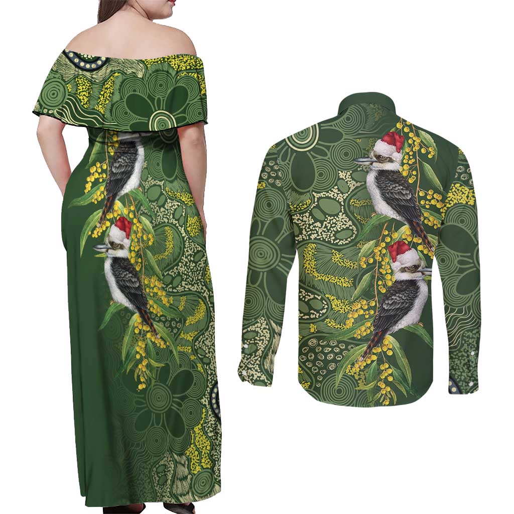 Aussie Kokaburra Golden Wattle Christmas Couples Matching Off Shoulder Maxi Dress and Long Sleeve Button Shirt Aboriginal Dots Painting Green Motif - Aussie Hoodie